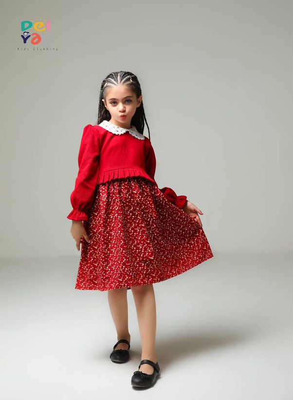 پیراهن مخمل کبریتی ریز و دامن کتان گلدار