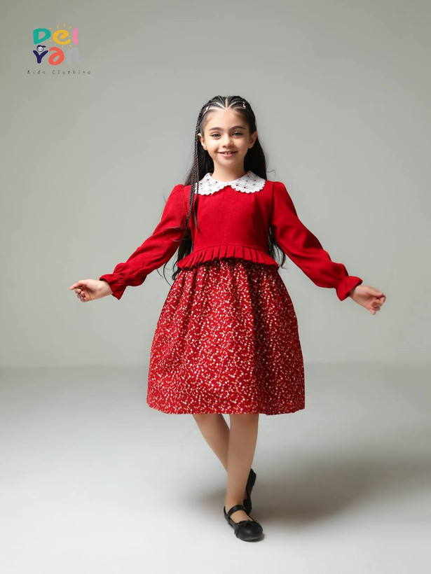 پیراهن مخمل کبریتی ریز و دامن کتان گلدار