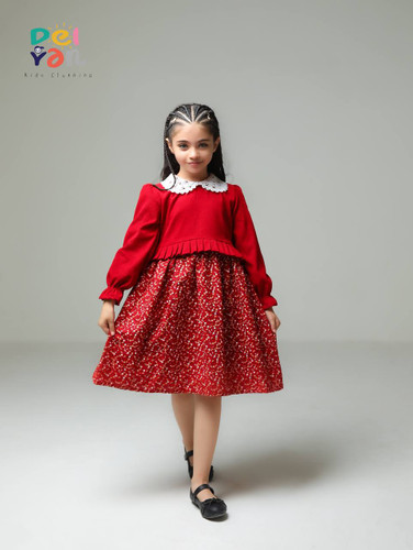 پیراهن مخمل کبریتی ریز و دامن کتان گلدار